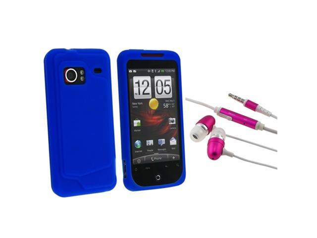Silicone Soft Skin (Dark Blue) + 3.5mm Earphone Headset w/Mic (Hot Pink) compatible with HTC Droid Incredible