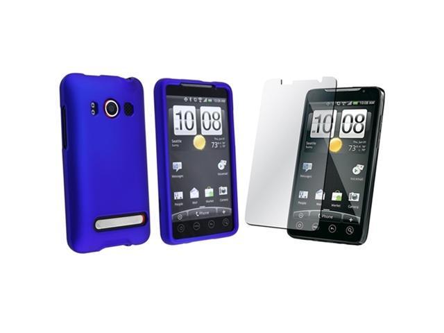 Dark Blue Hard Rubberized Case + Clear Lcd Film Shield compatible with HTC EVO 4G