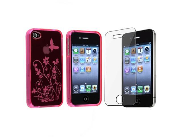 Clear hot pink flower butterfly case + LCD shield guard Compatible with iPhone® 4 iPhone® 4S AT&T, Sprint, Version 16GB 32GB 64GB