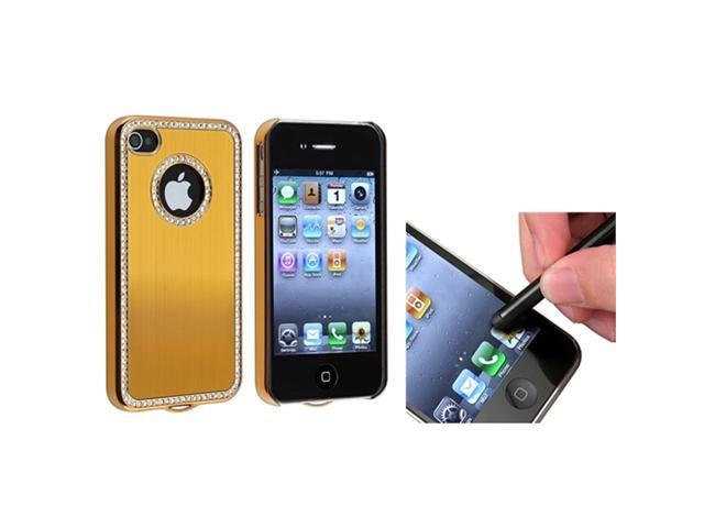Bling Rhinestones Gold Plastic Case Cover+LCD Stylus Pen compatible with iPhone® 4 4S