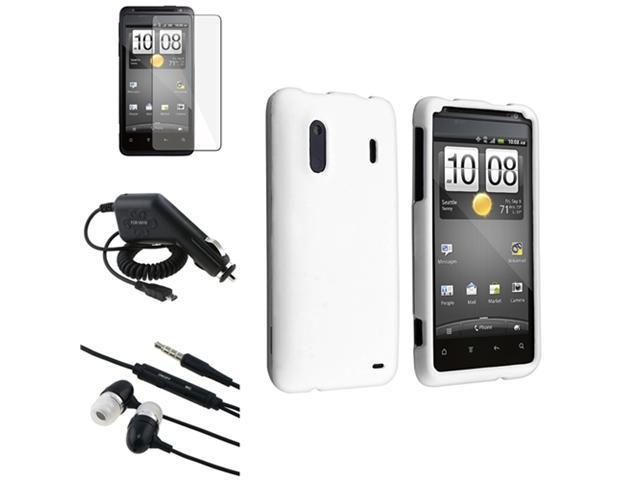 White Rubber Hard Case+LCD+Car Charger+Headset compatible with HTC EVO Design 4G / Hero S