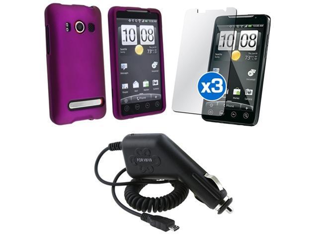 3in1 Accessory Bundle Purple Hard Case+3 Film+Car Charger compatible with HTC EVO 4G Sprint