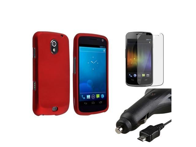 Red Hard Rubber Case+Retract Car Charger+LCD Film compatible with Samsung© Galaxy Nexus i515