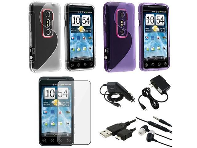 Frost White+Purple S Shape TPU Case+Film+2x Charger+Cable+Headset compatible with HTC EVO 3D