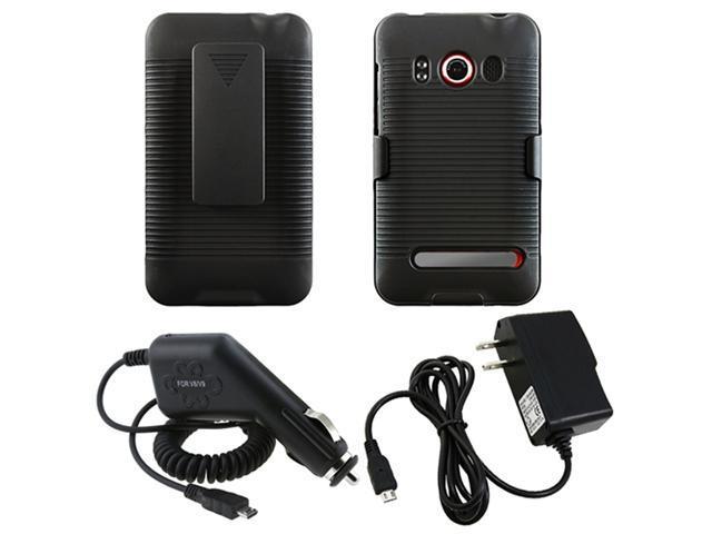 Black Rubber Coated Swivel Holster Case+Car Charger+Cable compatible with Sprint HTC EVO 4G