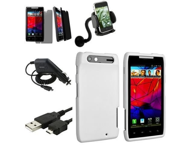 5 Accessory White Case+Car Charger+Holder Mount compatible with Motorola Droid Razr XT910