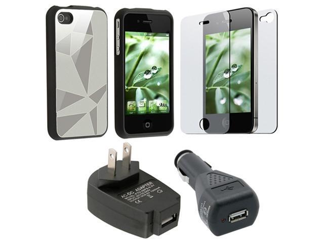 Silver Aluminum Hard Case+Car+Home Charger+Screen Guard for iPhone® 4 4S G
