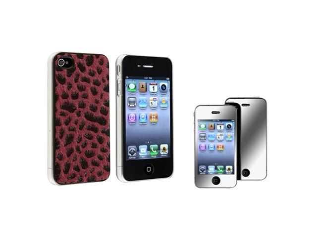 Leopard Red Furry Hard Case Cover+Mirror LCD Protector Film Compatible With iPhone® 4 4SS