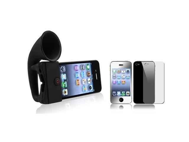 Black Silicone Horn Stand Speaker+Front Back Mirror Film Compatible With iPhone® 4 4S