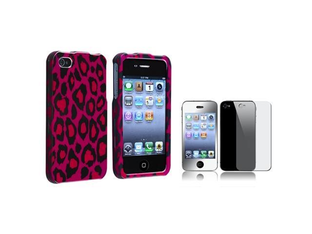 Hot Pink Leopard Snap-on Hard CASE Cover+MIRROR LCD Protector Compatible With iPhone® 4 G 4S