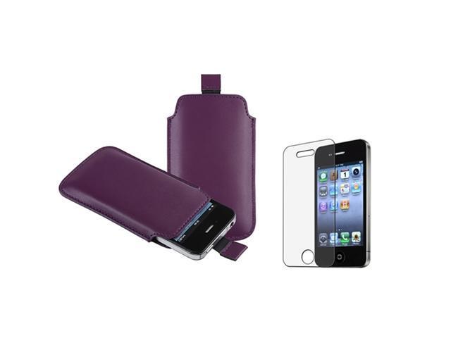 Purple Pull Leather Pouch Cover Case+Anti-Glare Guard Film Compatible With iPhone® 4 G 4S