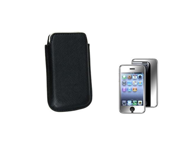 Black Leather Pouch Case Skin+Mirror Screen Guard Compatible With iPhone® 3 G 3GS