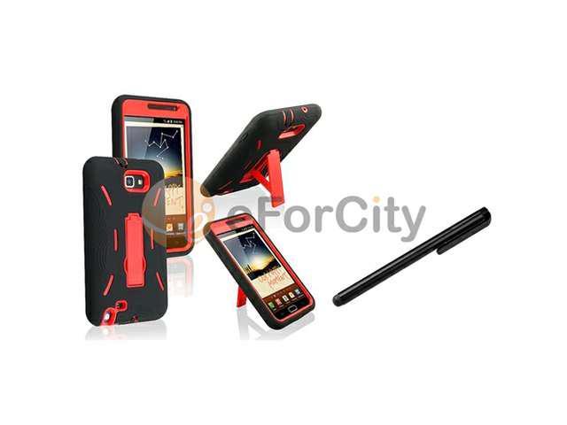 Red Hard / Black Silicone Hybrid Case with Stand + Stylus Pen compatible with Samsung© Galaxy Note N7000 / I717