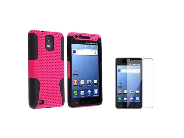 Black Skin / Hot Pink Meshed Hard Hybrid Case + Clear Reusable Screen Protector compatible with Samsung© i997 Infuse 4G