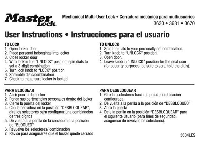 Master Lock 3634les Instruction Sticker English Spanish Pk10