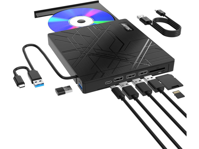 AGPTEK 8 in 1 External CD/DVD Drive for Laptop, USB 3.0 Ultra Slim ...