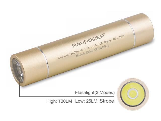 RAVPower Luster 3000mAh Power Bank External Battery Pack Lipstick Charger with Flashlight (3 Mode: High, Low, Strobe) for iPhone 5 5S 5C 4 4S, iPod; Galaxy S4 S3, Note 3, Note2; Nexus 4 and other