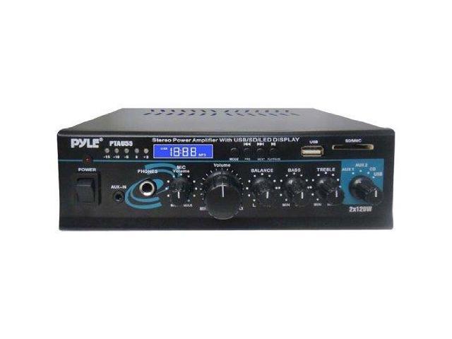 PyleHome - Stereo Power Amplifier - 2 x 120 Watt with Blue LED Display, USB/SD/MMC CARD, AUX, CD & Mic Inputs