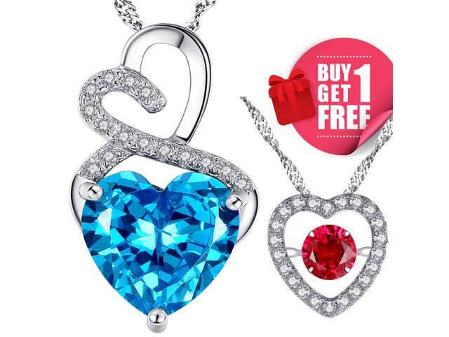 Mabella 4.0cttw Heart Shaped Created Blue Topaz Pendant Necklace with FREE Created Ruby Heart Style Dancing Pendant, 18" Chain