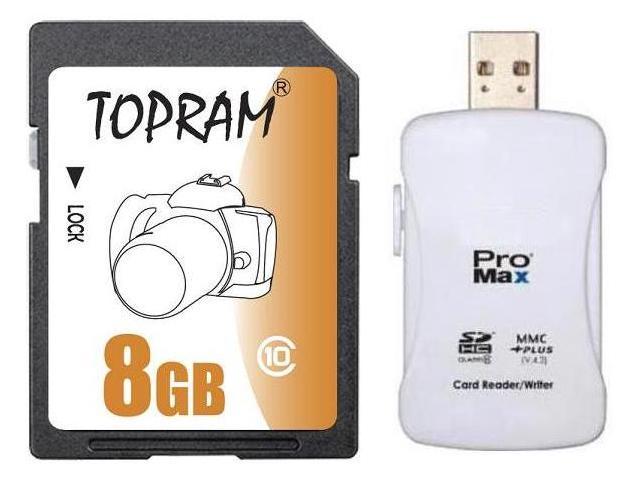 TOPRAM 8GB SD 8GB SDHC Card Class 10 Extreme Speed for Camera & Camcorder with R16 Card Reader