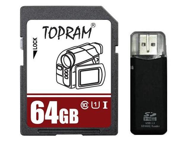 TOPRAM 64GB SD 64G SDHC 64GB SDXC Card Class 10 Ultra High Speed UHS-I for Camera & Camcorder with R3 Reader