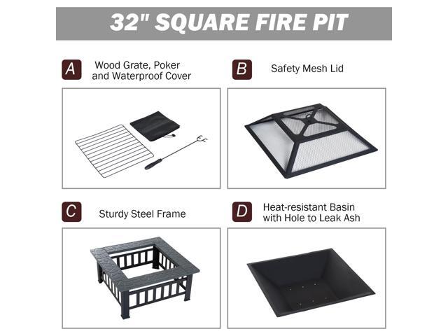 Outsunny 32 Outdoor Metal Firepit Square Table Backyard Patio