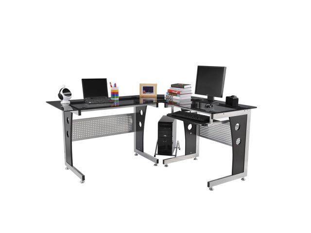 Homcom 64 Modern L Shaped Dark Glasstop Office Workstation Computer Desk Black Newegg Com