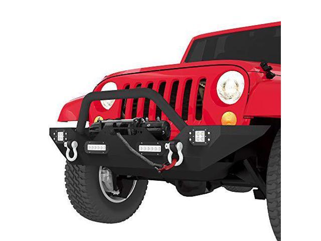 LEDKINGDOMUS Front Bumper Compatible with 07-18 Jeep Wrangler JK &  Unlimited Rock Crawler Bumper with 4X LED Lights w/Winch Plate and D-rings  