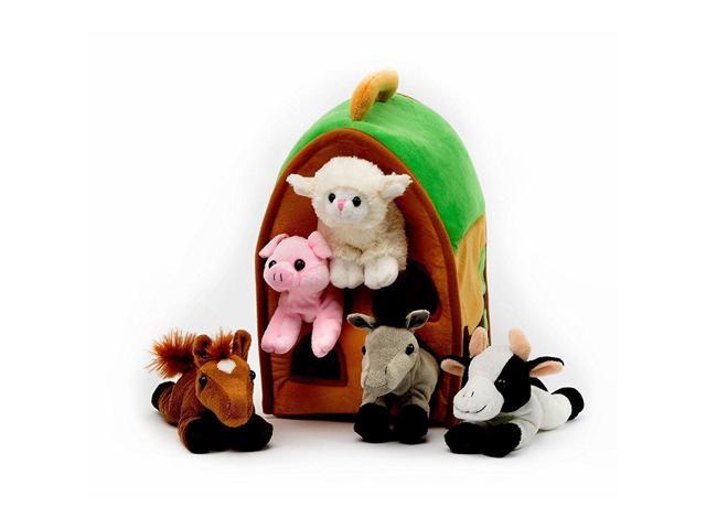 Unipak 12 Plush Red Barn Playset with 5 Stuffed Farm Animals Lamb, Pig, Cow, Gray Horse and Brown Horse and 5 Bonus Farm Animal Figures