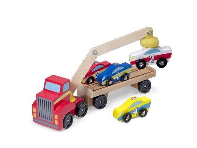 melissa & doug magnetic car loader wooden toy set with 4 cars and 1 semitrailer truck