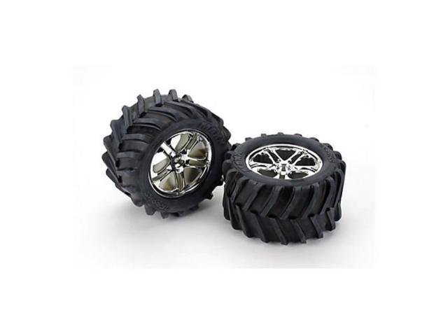 traxxas 5173 maxx chevron tires preglued on 3.8" chrome splitspoke rims pair