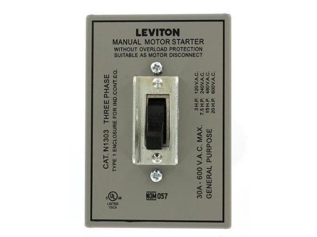 Toggle Three-Pole Leviton MS303-DS 30 Amp 600 Volt Black Non-Grounding Three Phase AC Motor Starter Suitable as Motor Disconnect Industrial Grade