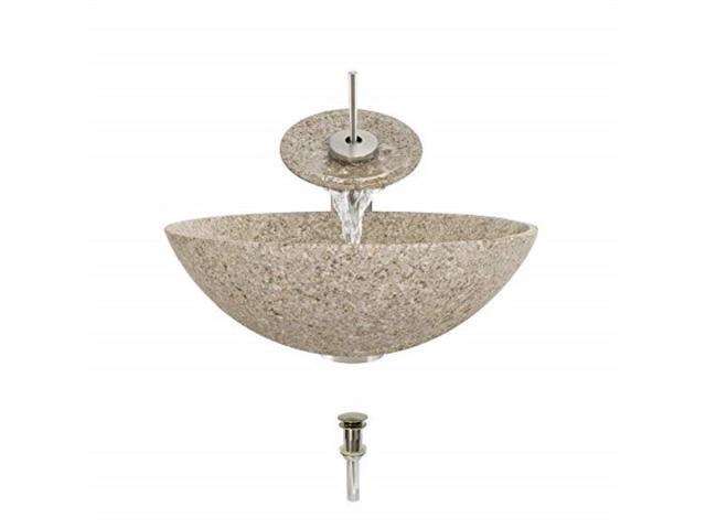 850 Tan Granite Vessel Sink Brushed Nickel Bathroom Ensemble With Waterfall Faucet Bundle 4 Items Sink Faucet Pop Up Drain And Sink Ring