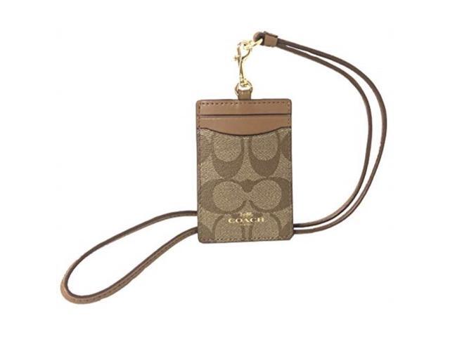 coach signature c pvc canvas leather khaki saddle lanyard, badge id credit card holder 63274 coach signature c pvc canvas leather khaki saddle lanyard, badge id credit card holder 63274