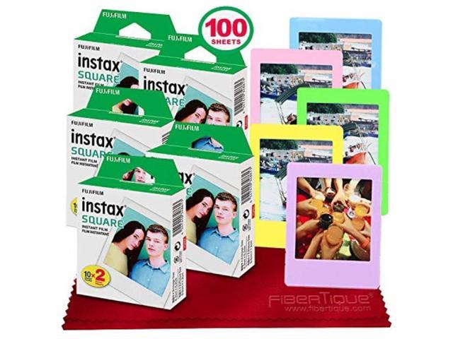 fujifilm instax square instant film 100 exposures compatible instax square sq6, sq10 and sq20 instant cameras + 5 color picture frames + fibertique cleaning cloth