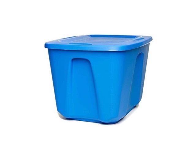 homz plastic storage tote with lid, 18 gallon, blue, stackable, 4pack