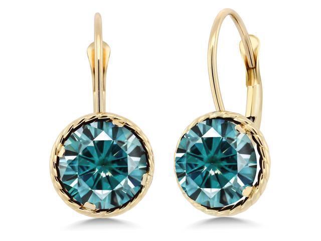 14K Yellow Gold Dangle Earrings Blue Round Created Moissanite 3.00ct DEW