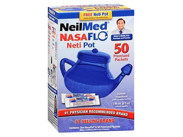 NeilMed NasaFlo Unbreakable Neti Pot with 50 Premixed Packets