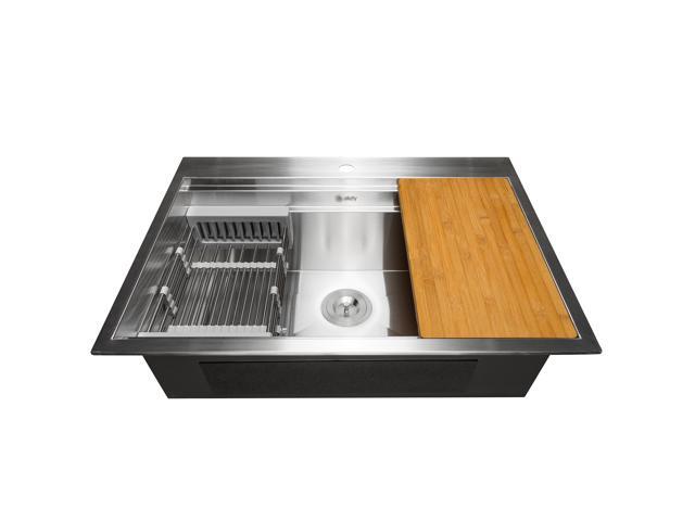 Akdy 33 X 22 9 Top Mount Handmade Stainless Steel Single Bowl Space Saving Kitchen Sink W Drain Strainer Kit Adjustable Tray And Cutting Board