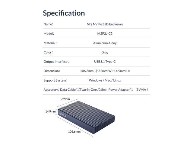 ORICO SSD Adattatore M.2 NVME SSD USB C Case Esterno per Disco Rigido Alloggiamento Esterno USB 3.1 Gen2 a PCIe M.2 10 Gpbs per SSD 2230/2242/2260/2280 M-Key M.2 SATA SSD con UASP