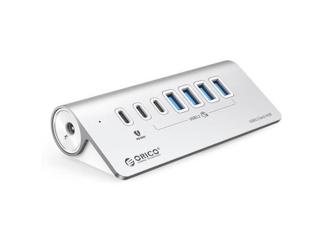ORICO Powered USB Hub 10Gbps, 7 Port USB 3.2 Gen 2 Hub with 6 USB 3.2 Data Ports, 1 PD 60W Charging Ports, 24V3A Power Adapter, 3.3Ft C to C Cable and USB-A Adapter, Aluminum USB Data Hub for Laptop