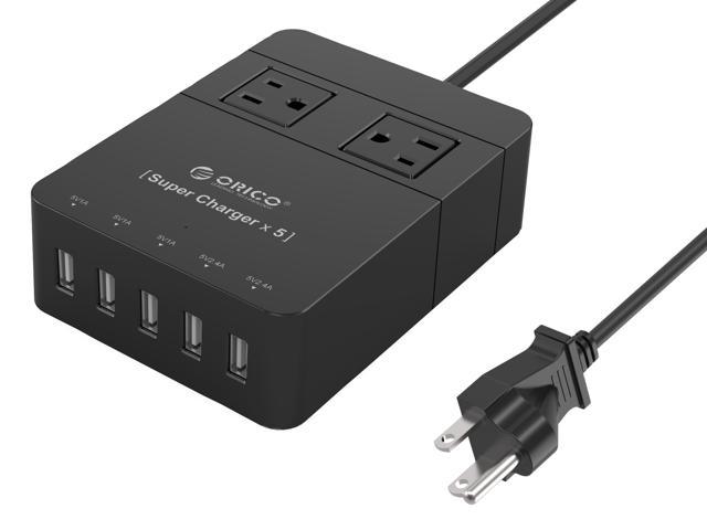 ORICO 2-Outlet Power Strip with Surge Protector, 5-USB Intelligence Charging Ports (3 x 5V1A, 2 x 5V2.4A) for iPhone 7 / 7 Plus / 6S / 6S P / 5SE / iPad / LG / Samsung / HTC and More - HPC-2A5U Black