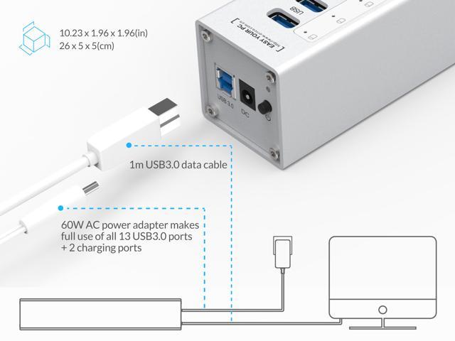 ORICO Aluminum 15 Ports USB3.0 Data HUB with 13 Data Transfer Ports, 2 USB  Charging Ports with 12V5A Power Adapter,LED Indicator,Desktop Aluminum Hub  