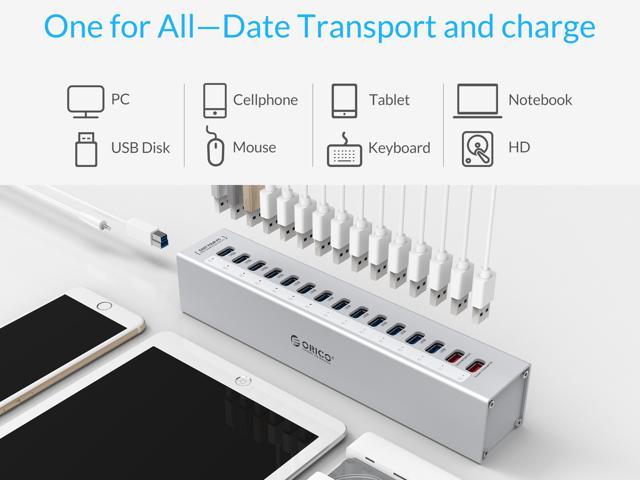 ORICO Aluminum 15 Ports USB3.0 Data HUB with 13 Data Transfer Ports, 2 USB  Charging Ports with 12V5A Power Adapter,LED Indicator,Desktop Aluminum Hub  