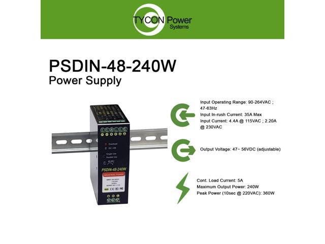 48VDC 240W DIN Rail Mount Industrial Power Supply, 90 to 264VAC Input, 48V  5A Output, 40C to +70C oper Temp Range, Adjustable Output, Dry Contact DC A 