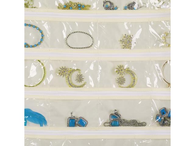 Dual Side Foldable Non-Woven Fabric Bag Earring Storage Clear Display Holder w//Hook for Necklace Bracelet Ring Accessories Beige 56 Pockets with Zipper Flexzion Hanging Jewelry Organizer - 1 Pack