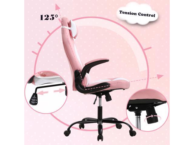 High-Back Gaming Chair Racing Office Chair Computer Desk Chair Executive PU Leather Rolling Swivel Chair with Lumbar Support Adjustable Stool Flip UP Arms Chair for Back Pain Pink