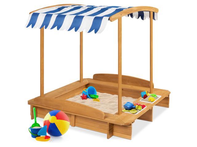 Best Choice Products Kids Wooden Cabana Sandbox W Bench Seats Uv Resistant Canopy Sandpit Cover 2 Buckets Natural Newegg Com