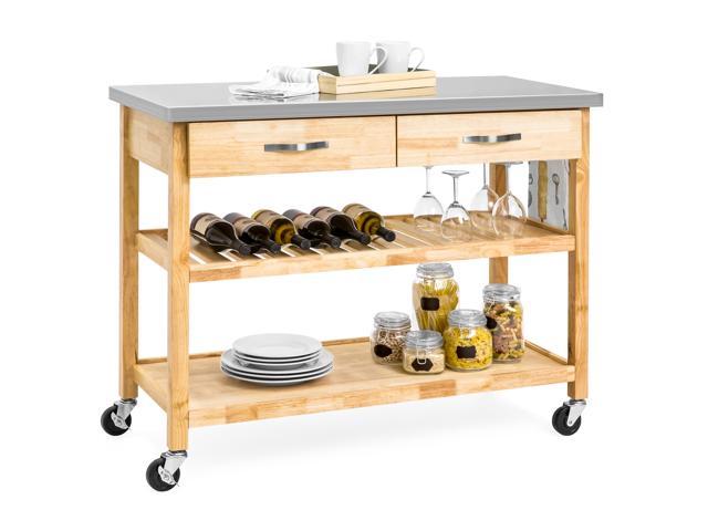 Best Choice Products 3-Tier Wood Rolling Kitchen Island Utility Serving Cart w/ Stainless Steel Countertop - Natural