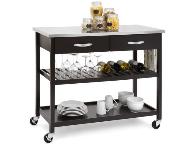 Best Choice Products Mobile Kitchen Island Utility Cart W Stainless Steel Countertop Drawers And Shelves Espresso